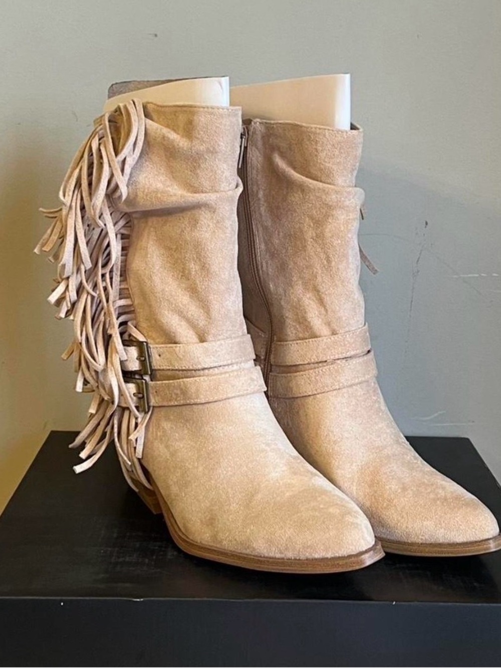 NIB Madden NYC Suede Fringe Mid-Calf Boots in Light Beige